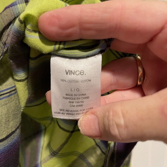 Vince Green Plaid Lightweight Button Down Shirt Size Large - Picture 4 of 5